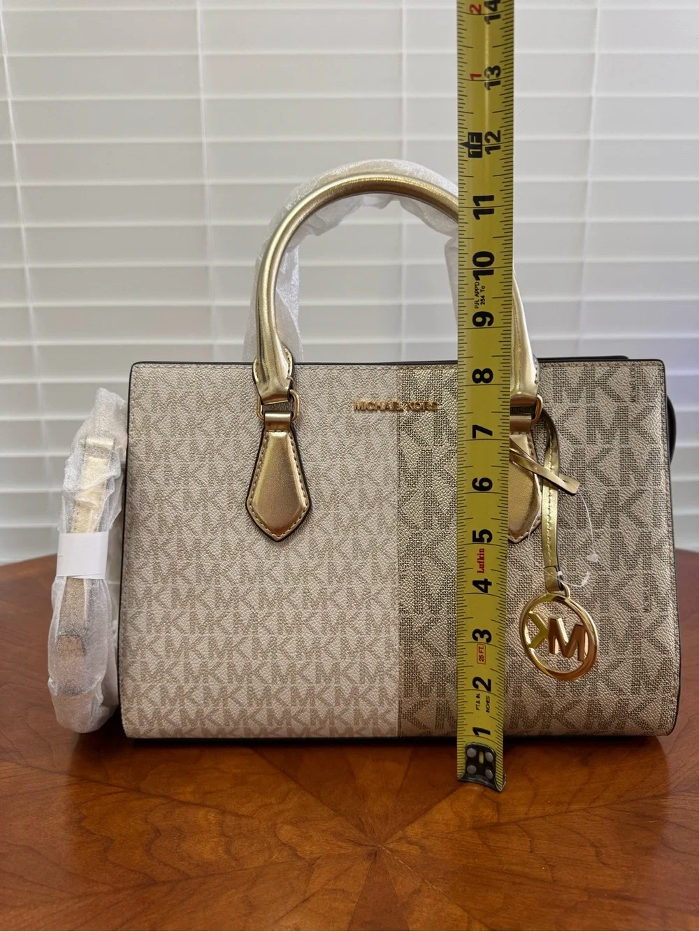 Michael Kors Two-Tone Beige Logo Satchel with Gold Hardware
